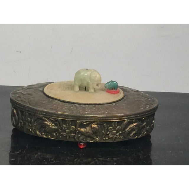 1930s Art Deco Brass Repousse Jade Elephant Oval Vanity Box For Sale - Image 4 of 11