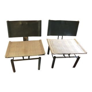 Mid-Century Modern Sophisticated Leather & Houndstooth Club Chairs- a Pair For Sale