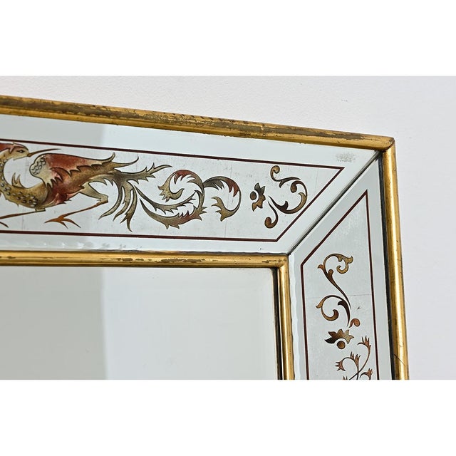 Glass French Vintage Verre Églomisé Mirror with Phoenix Pattern For Sale - Image 7 of 11