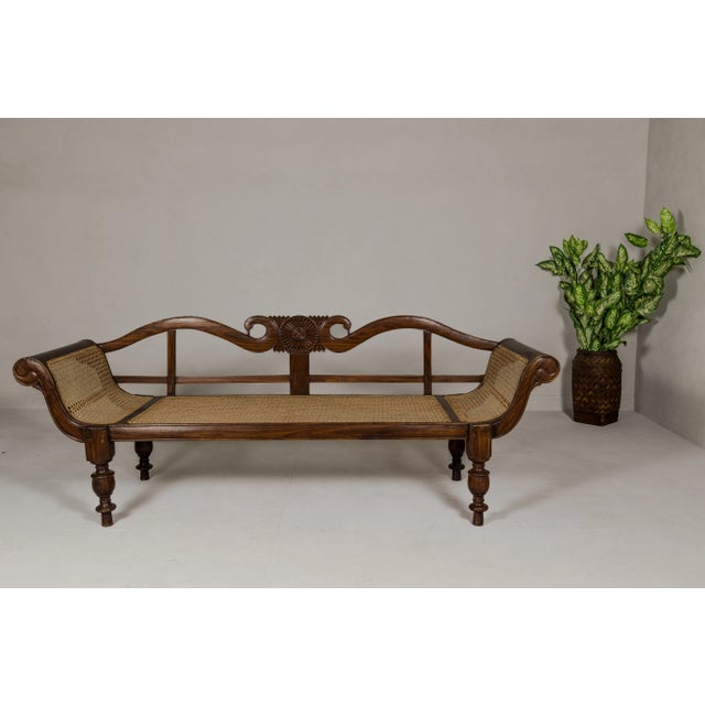 English British Colonial Carved and Cane Settee with Swan Neck Back and Scrolling Arms For Sale - Image 3 of 12