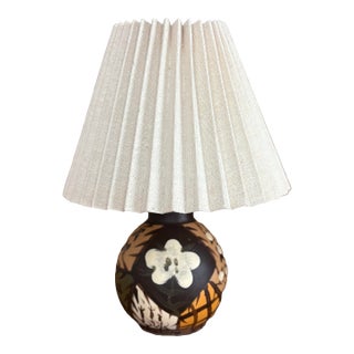 Vintage 1970s Hand-Painted Studio Pottery Table Lamp – Boho Mid-Century Folk Art Earth Tone Floral For Sale