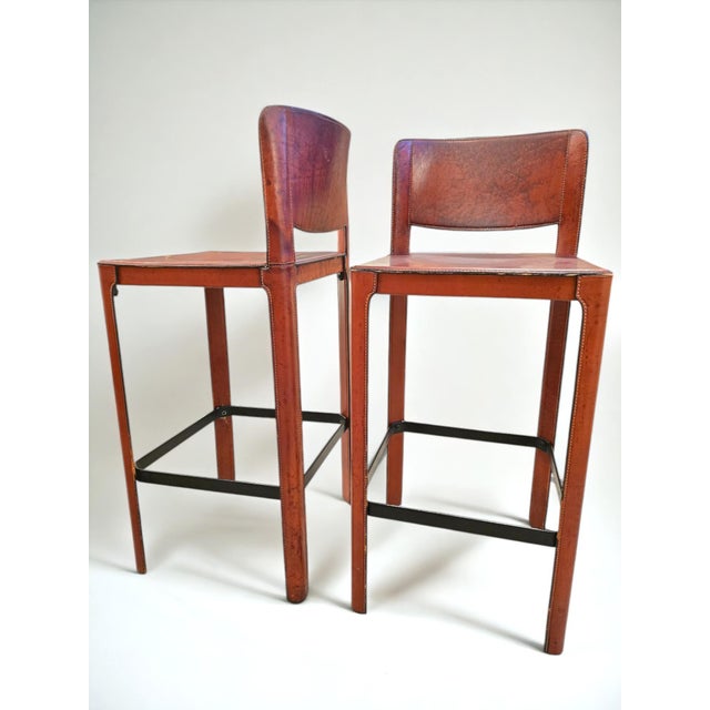 1980s 1980s Matteo Grassi Leather Bar Stools- a Pair For Sale - Image 5 of 12
