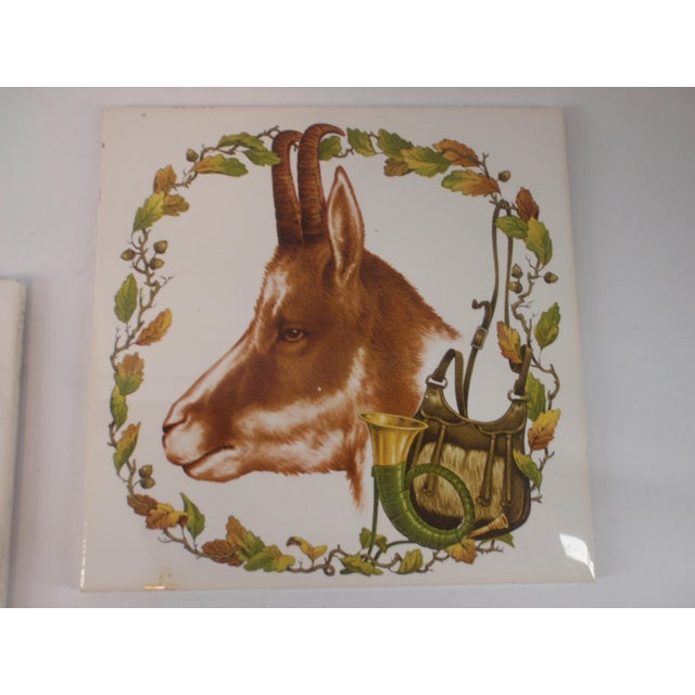 Vintage Mid 20th Century Set of 5 Hand Painted Game Motif Kitchen Tiles Stag Roe Deer Ibex Fox Rabbit or Hare For Sale - Image 4 of 12