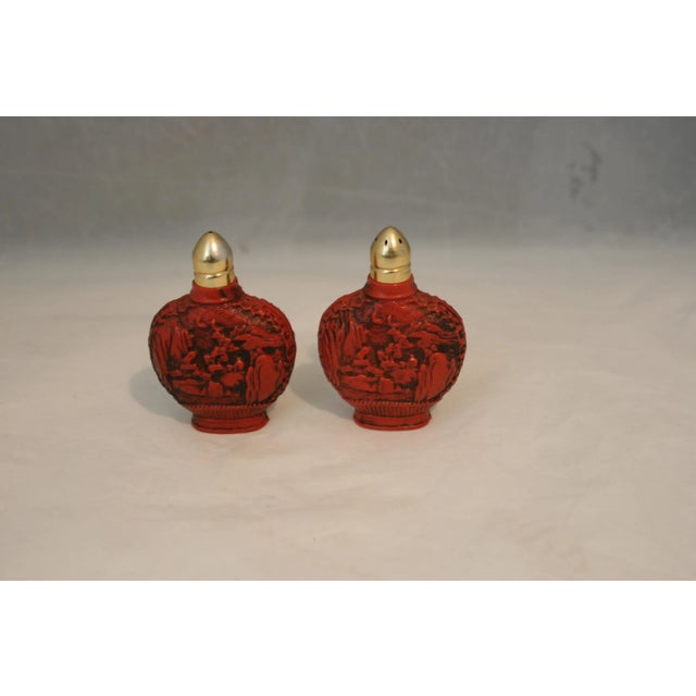 1950s Vintage 1950s Asian Red Carved Snuff Bottles Plastic Salt & Pepper Shakers For Sale - Image 5 of 8