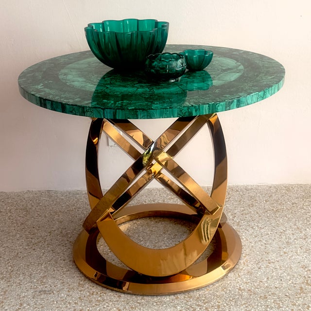 Stunning Tessellated Malachite Round Dining Table With Brass Base, Made in Italy For Sale In Miami - Image 6 of 15