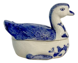 Mid-Century Boho Chic Chinoiserie Blue & White Lidded Duck Trinket Box.