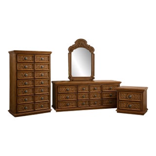 1970s Colonial Revival Full Bedroom Set With Dresser, Mirror, Tall Chest & Nightstands For Sale