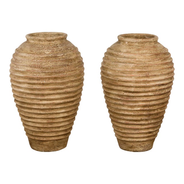 Near Thai Storage Vases with Concentric Circle Design and Nice Patina - A Pair For Sale