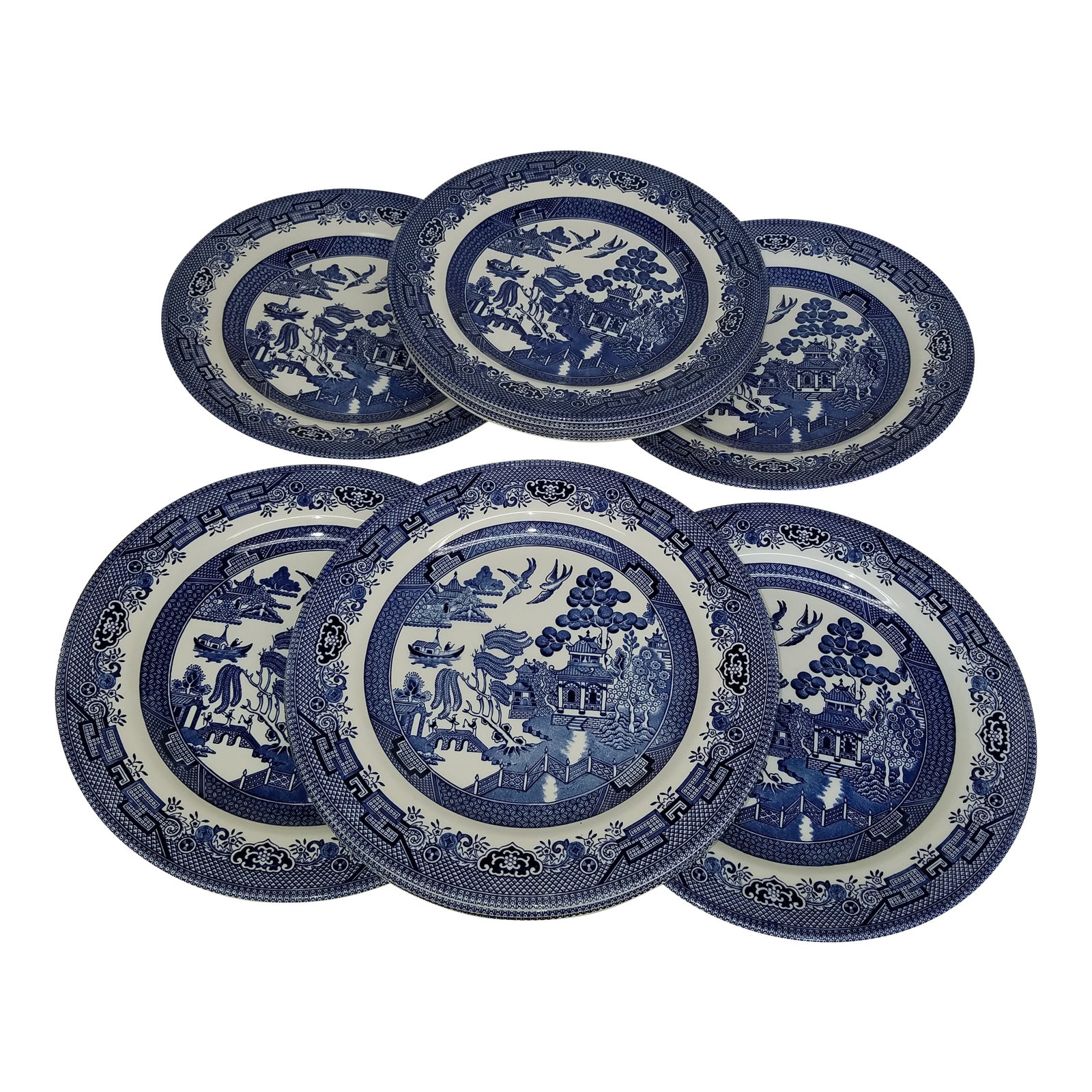 1990s Vintage Churchill England Blue Willow Dinner Plates Set of 6