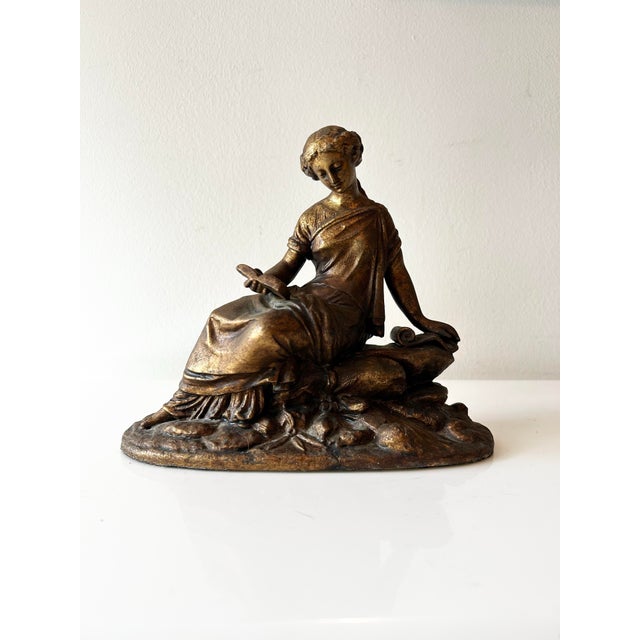 Antique Victorian Neoclassic Gilted Spelter Figure of Reading Woman For Sale - Image 10 of 11