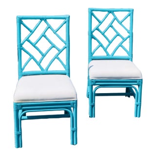 Hollywood Regency Turquoise Chippendale Bamboo Large Chairs - a Pair For Sale