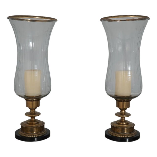 Pair Quality Large Glass & Brass Hurricane Candlesticks For Sale