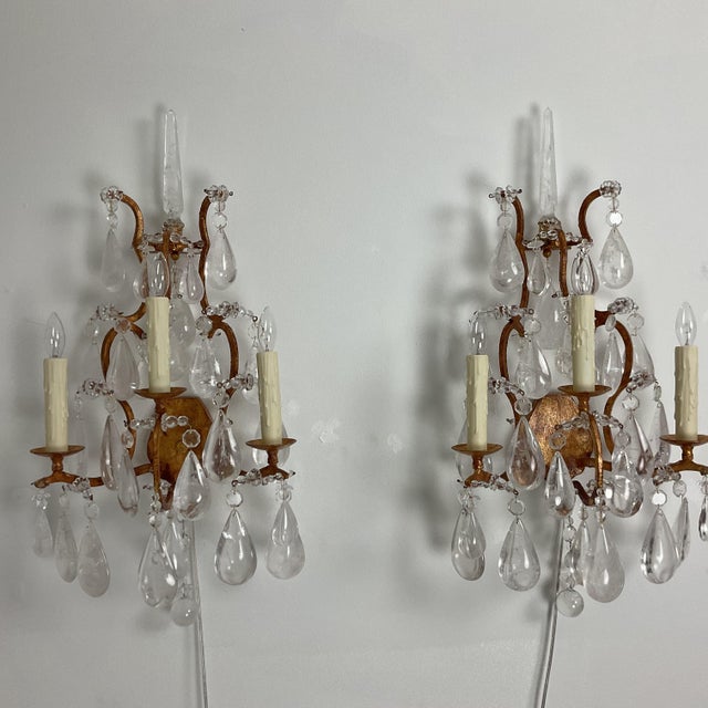 1950s French Country Large Rock Crystal and Goldleaf Wall Sconces - Pair For Sale - Image 13 of 16