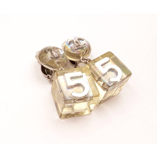 Chanel Chanel Vintage Silver CC Iridescent Dice 5 Dangle Clip on Earrings, A Pair For Sale - Image 4 of 5