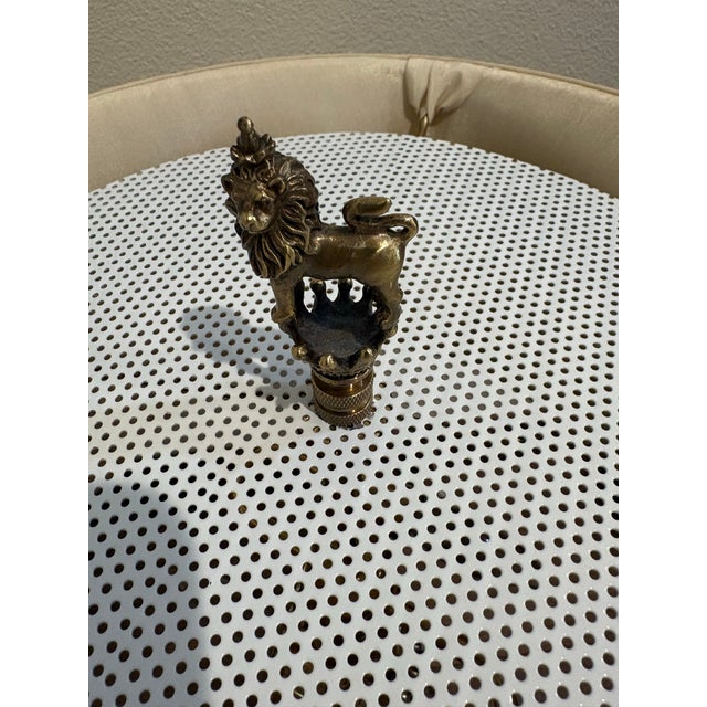 2000 - 2009 Vintage Blue/ Ivory Frederick Cooper Table Lamp Brass Lion Finial Pleated Silk Shade W Blue Silk Velvet Trim For Sale - Image 5 of 12