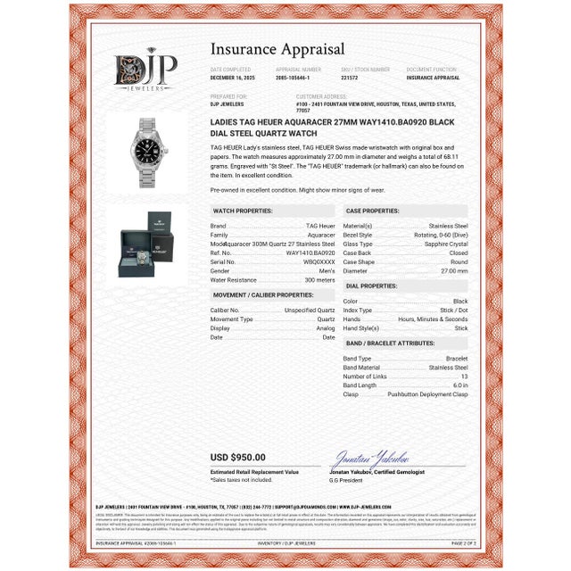 Ladies Tag Heuer Aquaracer 27mm way1410.ba0920 Black Dial Steel Quartz Watch For Sale - Image 11 of 11