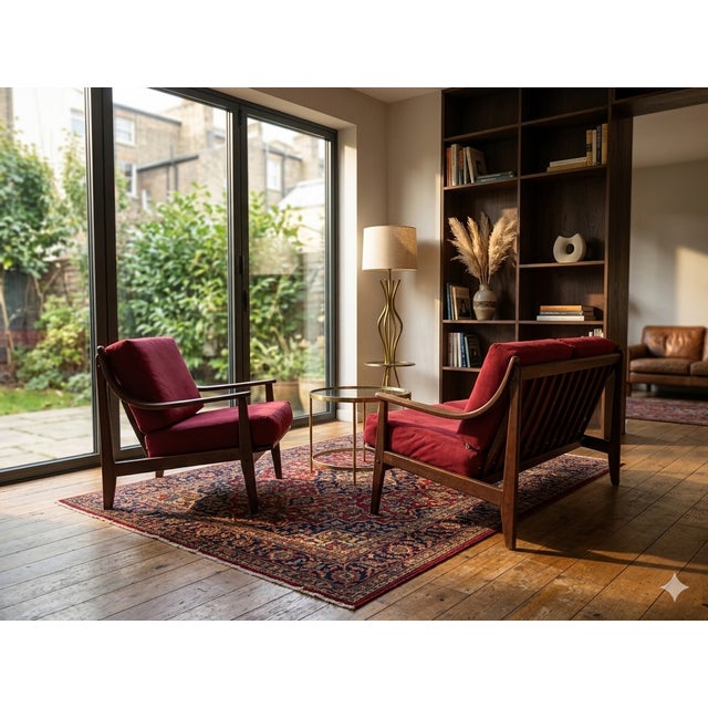 Mid-Century Armchairs in Wood and Burgundy Velvet, 1960s, Set of 2 For Sale - Image 9 of 10