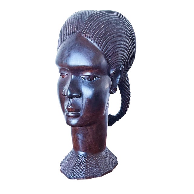 Early 20th Century Large Hand-Carved Bust of African Woman in Wood For Sale