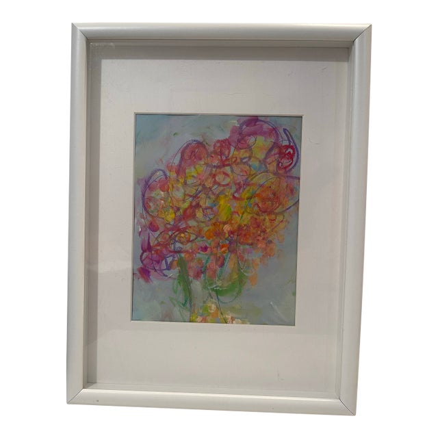 Original Mixed Media Artwork “Orange Soufflé” (Watered Acrylic Painting and Ink on Art Paper); Signed, Framed For Sale