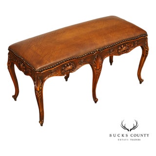 Rococo Style Leather Upholstered Carved Mahogany Window Bench For Sale