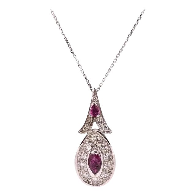 14 Karat White Gold Necklace With Diamond and Ruby Pendant 1.25 TDW For Sale