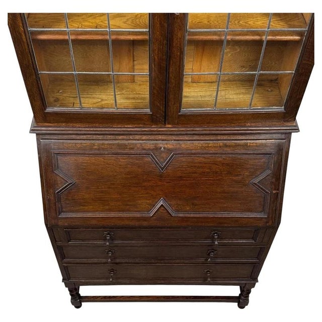 Wood 20th Century Jacobean Oak Bureau Bookcase For Sale - Image 7 of 15