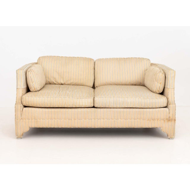 Pair of American Striped Pattern Fabric Upholstered Sofas For Sale - Image 13 of 16
