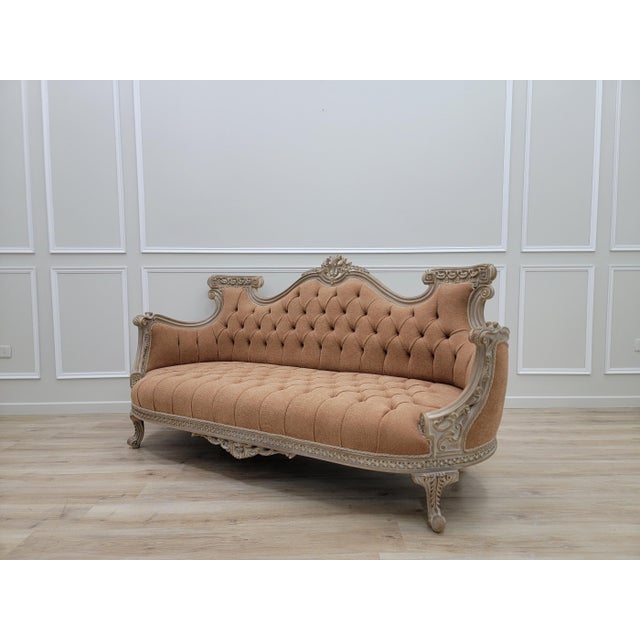 Vintage French Rococo Sofa – Tufted Louis XV Style Couch in Textured Linen Fabric, Ornate Carved Wood Settee, Warm Terracotta For Sale - Image 4 of 11