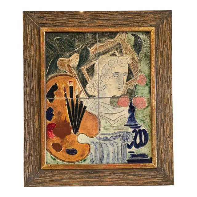 Artist’s Still Life in Glazed Ceramic Relief, Mid-20th Century For Sale