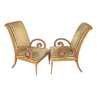 Pair French Modern Carved Feather Scroll Arm Lounge Chairs, Style Maison Jansen For Sale