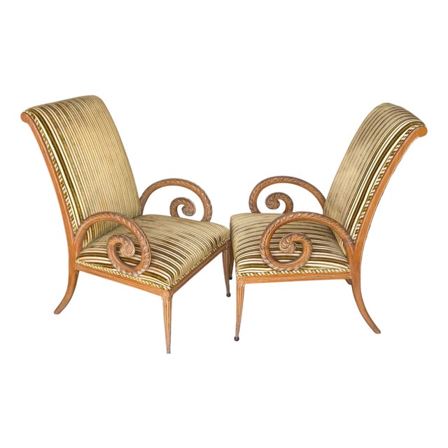 Pair French Modern Carved Feather Scroll Arm Lounge Chairs, Style Maison Jansen For Sale