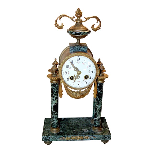 1890 French Green Marble Clock With For Sale