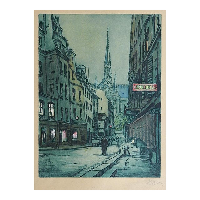 Mid 20th Century Paris Street Cityscape Etching For Sale