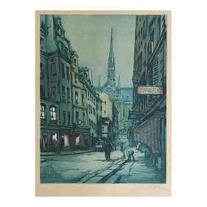 Mid 20th Century Paris Street Cityscape Etching