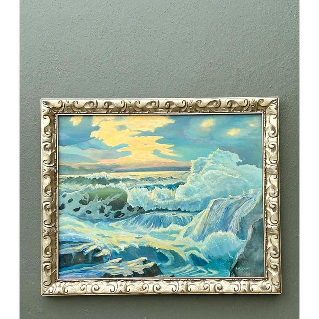 Hollywood Regency Vintage Seascape Oil Painting on Canvas For Sale - Image 3 of 12