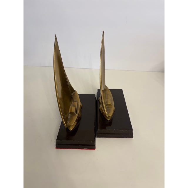 Mid-Century Modern Vintage Brass and Wood Sailboat Bookends For Sale - Image 3 of 5