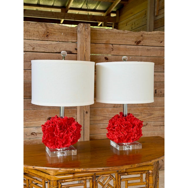 Pair of Red Faux Coral Table Lamps on Clear Acrylic Bases For Sale - Image 12 of 12