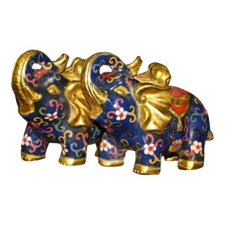 Pair of Vintage Cloisonne Enamel Elephant Figures – 6.7" Gilt Floral Motif Statues For Sale