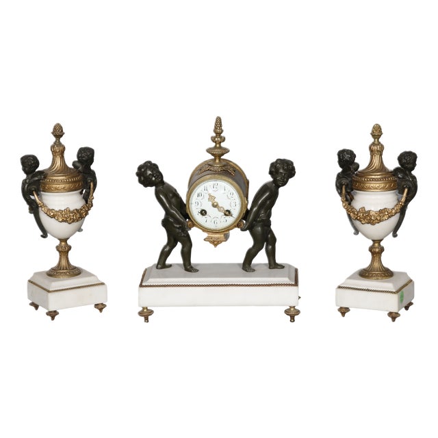 Napoleon II Louis XVI Style Fireplace Clock with Putti Carrying a Dial, 1860s, Set of 3 For Sale