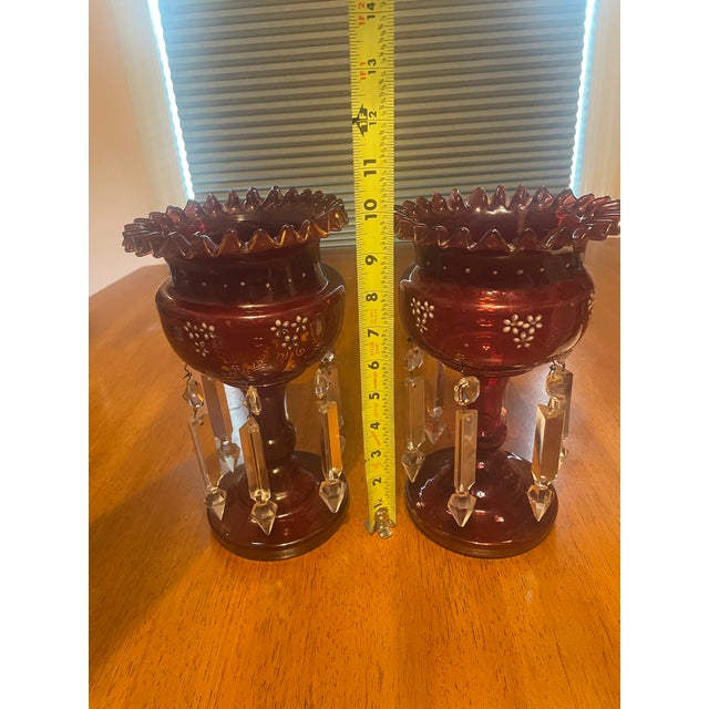 Victorian Pair of Ruby Red Glass Mantel Lustres/Hurricane Candle Holders With Crystal Prisms For Sale - Image 3 of 10