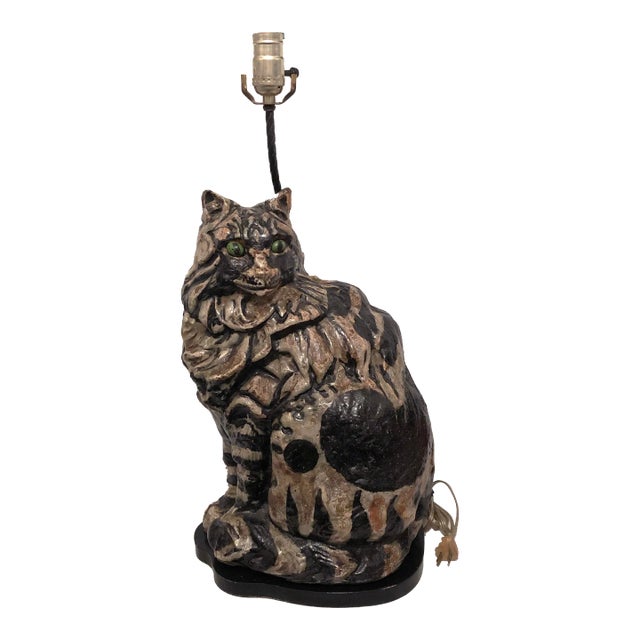1940s Painted Pottery/Terracotta Cat Lamp For Sale