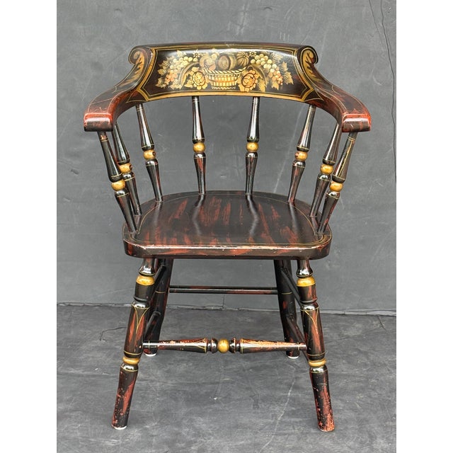 Black American Ebonized Captain's Chair With Federal Style Fruitful Bounty Basket For Sale - Image 8 of 16