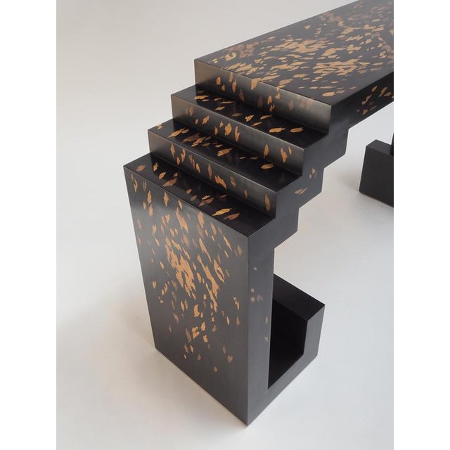 Mont marquetry console table by studio karen b dimensions: d 40 x w 150 x h 85 cm. Materials: mdf covered with wood...