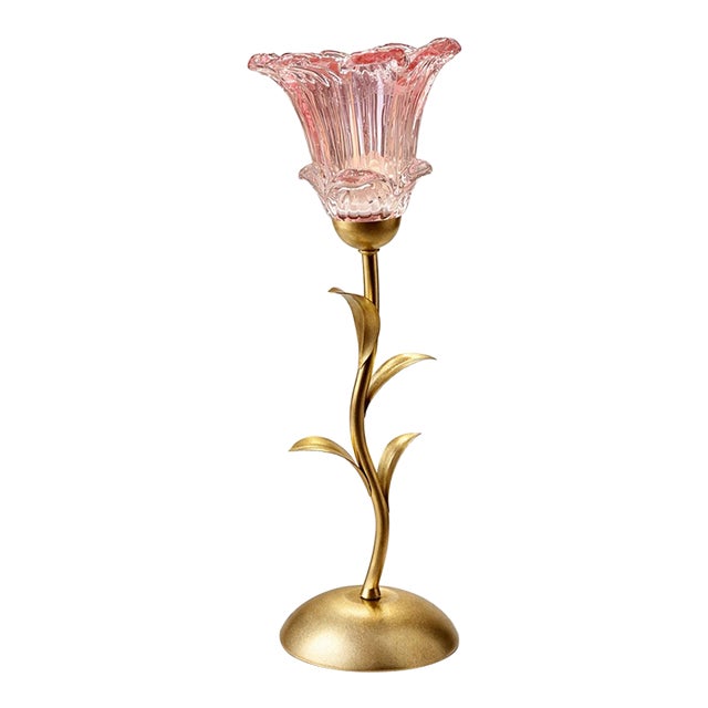 Pink Glass Tulip Accent Table Lamp With Gilded Metal Stem – 17” Tall For Sale