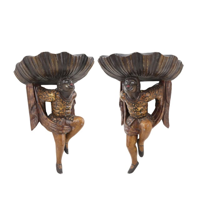 Pair of Wooden Hand Carved Figure Wall Brackets