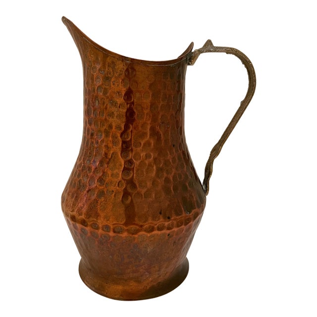 Vintage Hammered Copper Pitcher With Brass Handle French Country Rustic Farmhouse 1960s For Sale