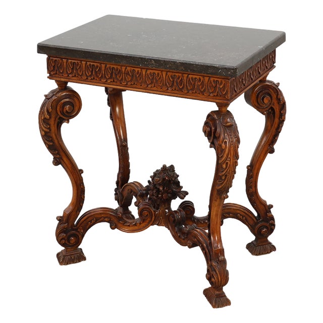 Napoleon III Style Carved Walnut Side Table with Ardune Top, France, 1900s For Sale