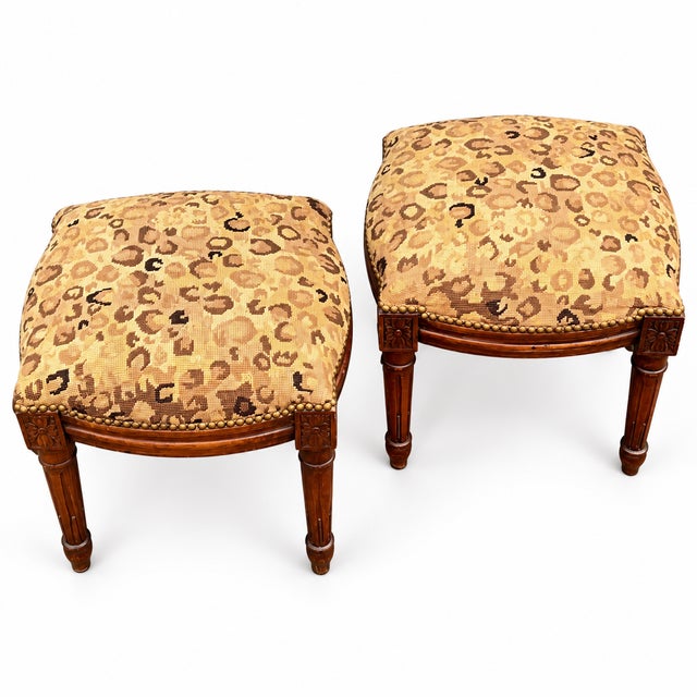 French Style Carved Fruitwood Ottomans Stools in Needlepoint Leopard - Pair For Sale In Atlanta - Image 6 of 7