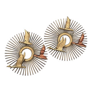 1970s Mid-Century Modern Brutalist Sunburst Bird Wall Sculptures – Exceptional Matching Pair in the Style of Curtis Jeré For Sale