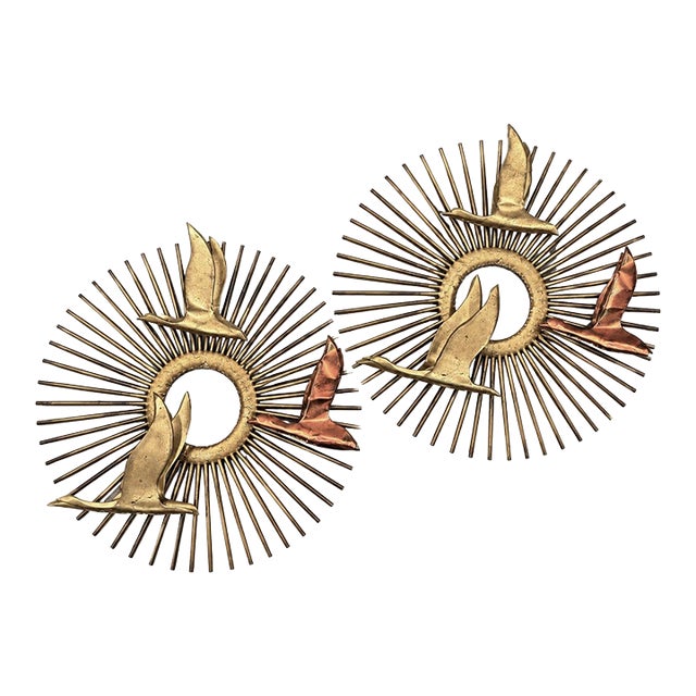 1970s Mid-Century Modern Brutalist Sunburst Bird Wall Sculptures – Exceptional Matching Pair in the Style of Curtis Jeré For Sale